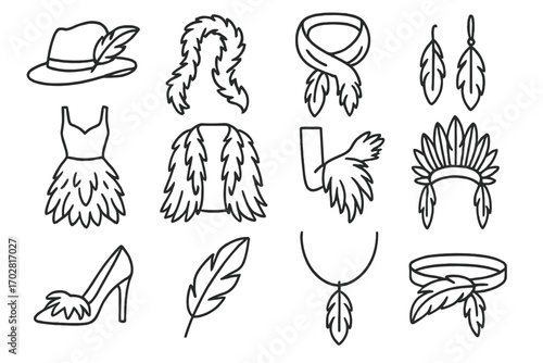 Feather Fashion Icons. Line style icons of feather fashion: feather hat, feather boa, feather scarf, feather earring; feather
