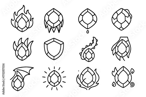 Dragon Scale Icons. Line style icons of dragon scales: fire dragon scale, ice dragon scale, water dragon scale, earth dragon scale