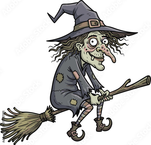 A whimsical illustration of a classic Halloween witch flying on her broomstick with a mischievous grin and tattered attire, perfect for festive decorations