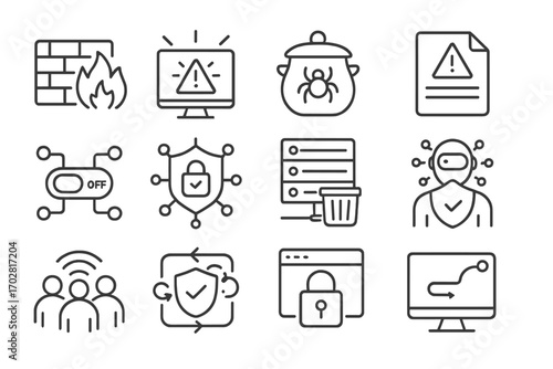 Cyber Defense Icons. Line style icons of cyber defense during hacking: firewall response, intrusion detection system, honeypot