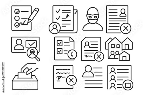 Voting Fraud Icons. Line style icons of voting and census fraud: forged ballot, altered count sheet, fake registration form,