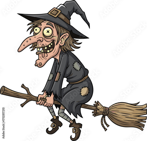 Whimsical illustration of a cackling witch with a pointed hat and dark clothing flying on a broomstick through the night sky