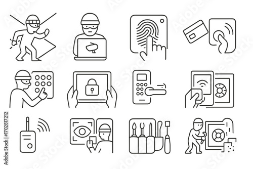 Digital Heist Icons. Line style icons of high-tech robbery: laser grid bypass, camera feed hack, fingerprint override, RFID reader