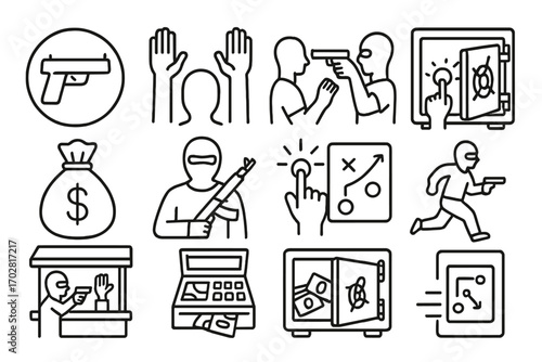Robbery Icon Set. Line style icons of armed robbery: gun pointed symbol, raised hands, weapon threat icon, vault forced open; cash
