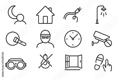 Nighttime Robbery Icons. Line style icons of night robbery setups: moon and shadow, darkened house icon, cut power line, quiet