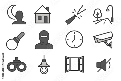 Nighttime Robbery Icons. Line style icons of night robbery setups: moon and shadow, darkened house icon, cut power line, quiet