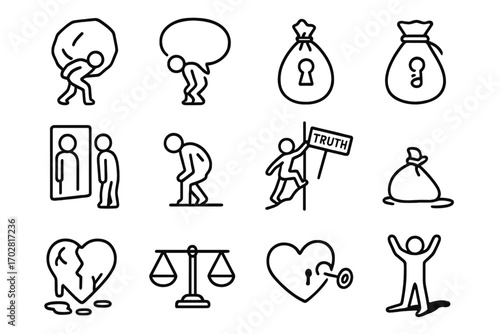 Metaphorical Confession Icons. Line style icons of metaphorical weight of confession: person carrying boulder, heavy speech bubble