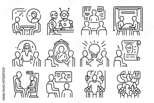 Fictional Interrogation Icons. Line style icons of fictional interrogations: sci-fi table, robotic interrogator, holographic
