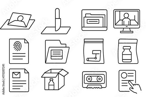 Evidence Presentation Icons. Line style icons of evidence presentation: photo on table, printout of messages, object placed in