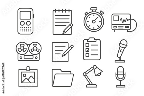 Interrogation Tools Icons. Line style icons of interrogation tools: digital recorder, legal pad, stopwatch icon, polygraph machine