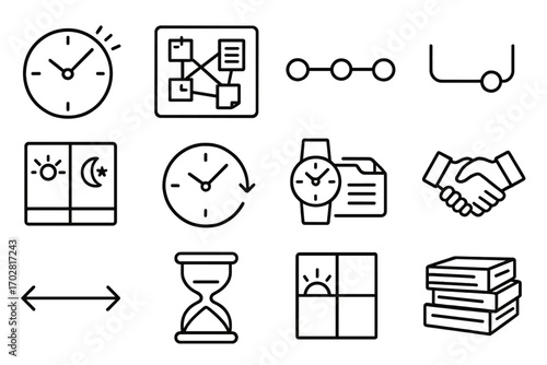 Interrogation Timeline Icons. Line style icons of interrogation timeline: clock ticking, evidence board, sequence diagram, time