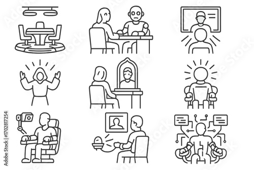 Fictional Interrogation Icons. Line style icons of fictional interrogations: sci-fi table, robotic interrogator, holographic