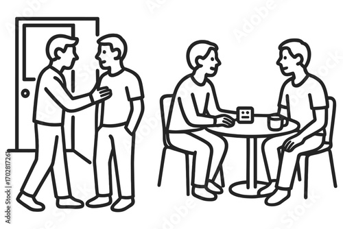 Informal Interrogation Icons. Line style icons of informal interrogations: hallway questioning, coffee table chat, friendly