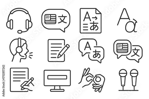 Translation Iconography. Line style icons of language and translation during interrogation: interpreter headset, speech bubble