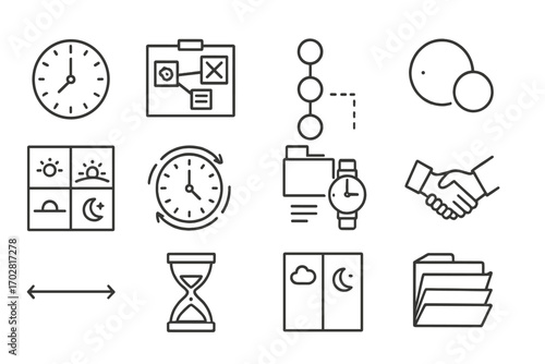 Interrogation Timeline Icons. Line style icons of interrogation timeline: clock ticking, evidence board, sequence diagram, time