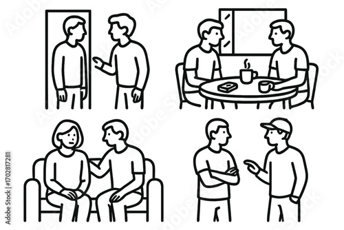 Informal Interrogation Icons. Line style icons of informal interrogations: hallway questioning, coffee table chat, friendly