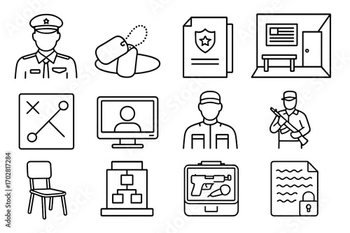 Military Interrogation Icons. Line style icons of military interrogations: uniformed officer, dog tag on table, mission file, base