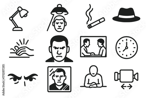 Cinematic Interrogation Icons. Line style icons of classic cinematic interrogation scenes: noir lamp icon, spotlight on face,