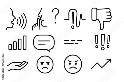 Voice Dynamics Icons. Line style icons of voice and tone dynamics: loud voice wave, whisper icon, question pitch line, firm tone