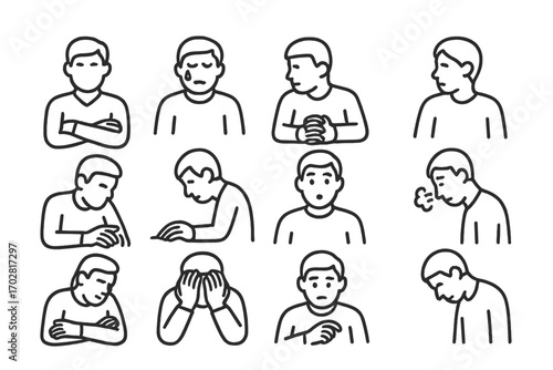 Interrogation Body Language Icons. Line style icons of body language during interrogation: crossed arms, sweating brow, clenched