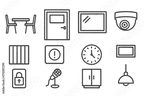 Interrogation Room Icon Set. Line style icons of interrogation room setup: table and two chairs, closed steel door, observation