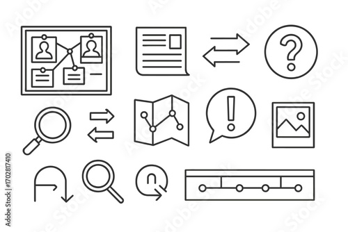 Crime Investigation Icons. Line style icons of investigative board: pinboard with string, suspect photos, note cards, red thread