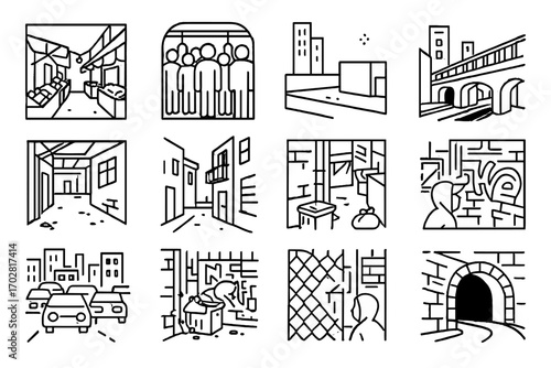 Urban Icon Series. Line style icons of urban undercover environments: market alley icon, metro crowd, rooftop ledge, abandoned