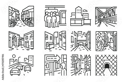 Urban Icon Series. Line style icons of urban undercover environments: market alley icon, metro crowd, rooftop ledge, abandoned