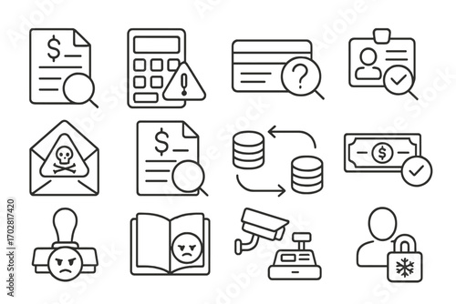 Fraud Investigation Icons. Line style icons of fraud investigation: financial document icon, calculator with alert, suspicious