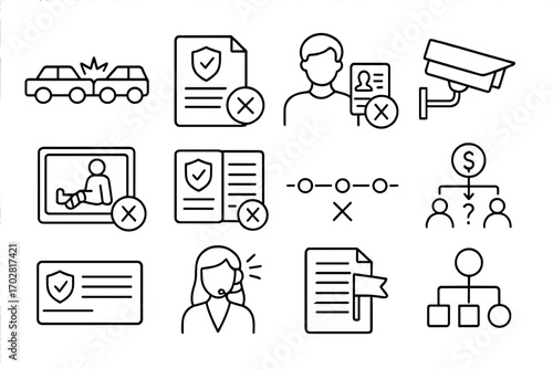 Fraud Investigation Icons. Line style icons of insurance fraud investigation: staged accident icon, false claim paper, identity