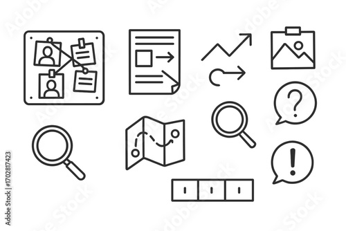 Crime Investigation Icons. Line style icons of investigative board: pinboard with string, suspect photos, note cards, red thread