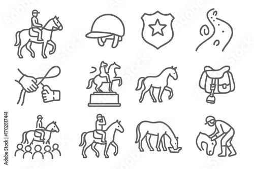 Mounted Patrol Icons. Line style icons of mounted patrol: horse and rider, stable hat, park patrol badge, horse tracks on path;