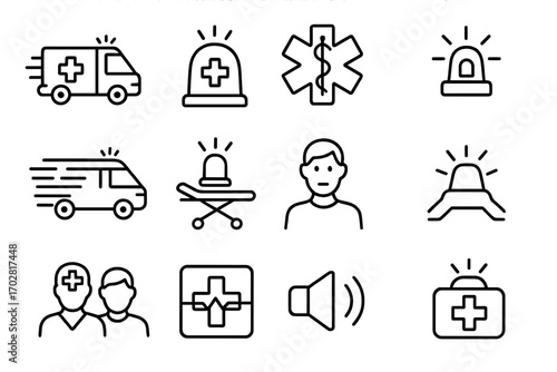 Ambulance Emergency Icons. Line style icons of ambulance sirens: medical van with light, red cross beacon, emergency medical