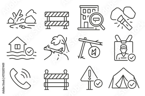 Disaster Zone Icons. Line style icons of disaster zone patrol: fallen debris path, emergency tape, damaged building scan,