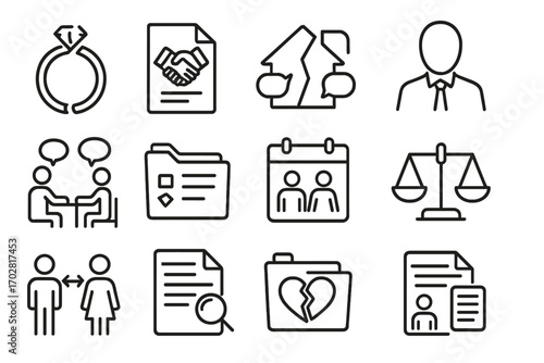 Divorce Mediation Icons. Line style icons of divorce mediation: ring icon broken and joined, agreement file, split house with