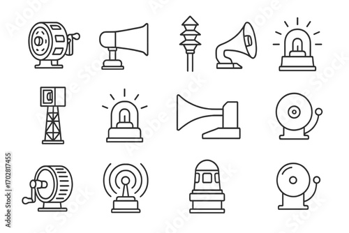 Historical Siren Icons. Line style icons of historical sirens: vintage siren crank, air raid horn, civil defense alarm, retro