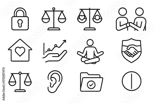 Mediation Ethics Icons. Line style icons of mediation ethics: confidentiality icon, balanced dialogue, honesty scale, respect