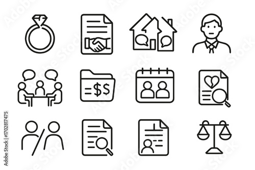 Divorce Mediation Icons. Line style icons of divorce mediation: ring icon broken and joined, agreement file, split house with