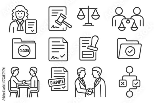 Legal Process Icons. Line style icons of legal resolutions: judge with agreement, gavel on contract, case closed file, settlement