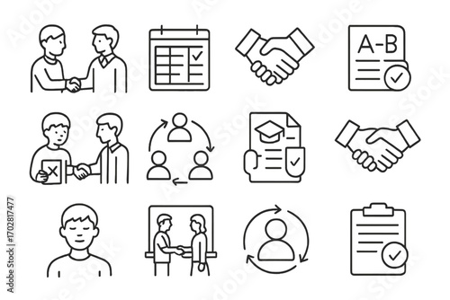 Educational Resolution Icons. Line style icons of educational resolutions: student and teacher handshake, class schedule fixed,