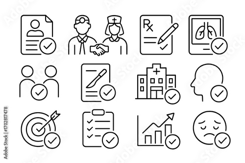 Healthcare Resolution Icons. Line style icons of healthcare resolutions: patient file resolved, doctor and nurse agreement,