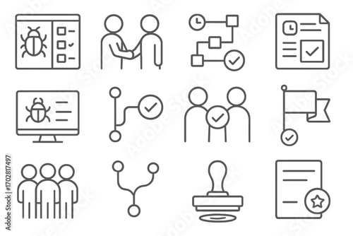 Tech Development Icons. Line style icons of tech development resolutions: bug fix board, dev team handshake, software roadmap