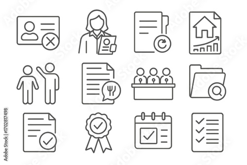 Social Service Line Icons. Line style icons of social service appeals: denied benefit icon, social worker with document, appeal