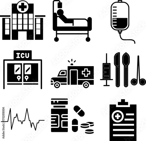 Medical and Hospital Icons Black Silhouette Set