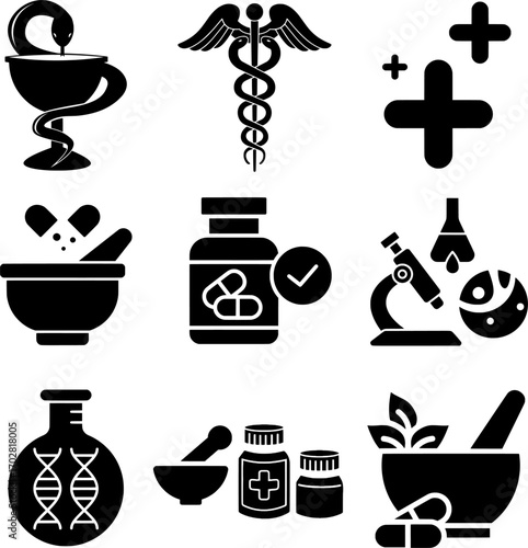 Pharmacy and Science Medical Icons Black Silhouette Set