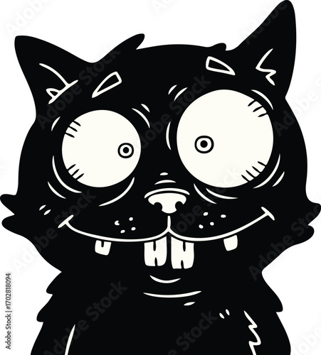 Whimsical Black Cat with Wide Eyes and Buck Teeth, Cartoon Illustration