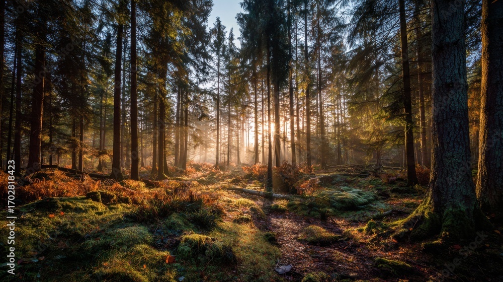 Fototapeta premium Morning light breaks through the tall trees of a tranquil forest, casting a warm glow on lush greenery and creating a peaceful atmosphere.