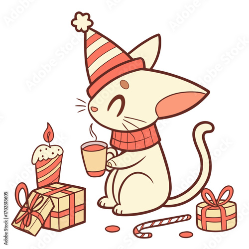 SVG art: A Shy Oriental Shorthair in a Christmas vibe with wearing a party hat, tinted with Warm Cozy tones