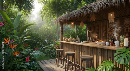 Fototapeta Naklejka Na Ścianę i Meble -  Tropical tiki bar in lush jungle setting with drinks and stools.
