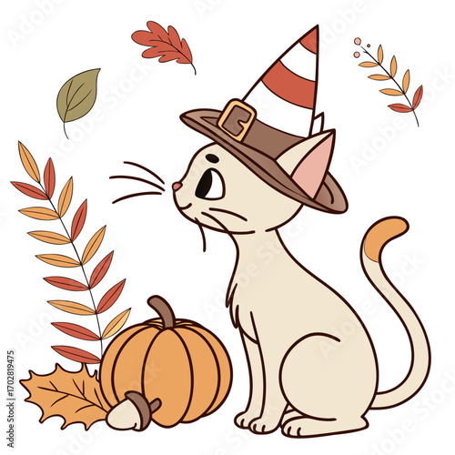 Cute SVG of a Content Oriental Shorthair in Harvest Blessings colors, featuring wearing a party hat in a Thanksgiving setting
